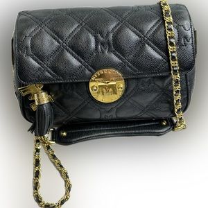 EUC METROCITY ITALY Quilted Leather SERRATO Collection Black Gold Shoulder  Bag